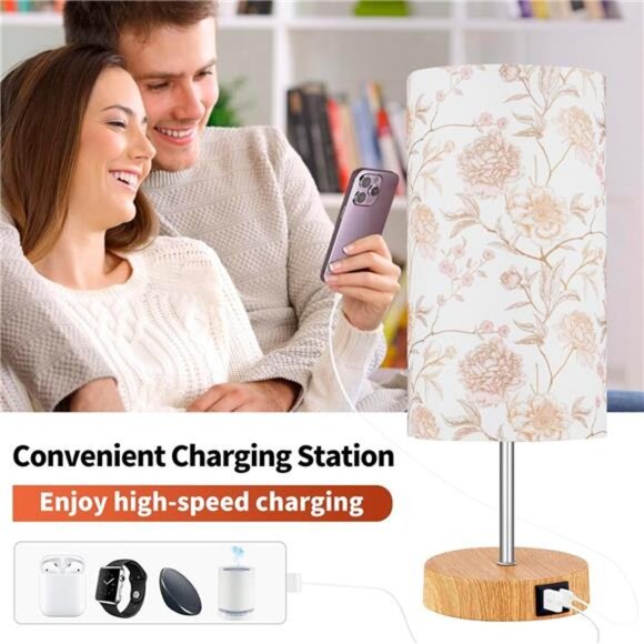 Bedside Touch Lamp, Wood Small Table lamp with 2 USB Charging Ports & Flower - Picture 2 of 7